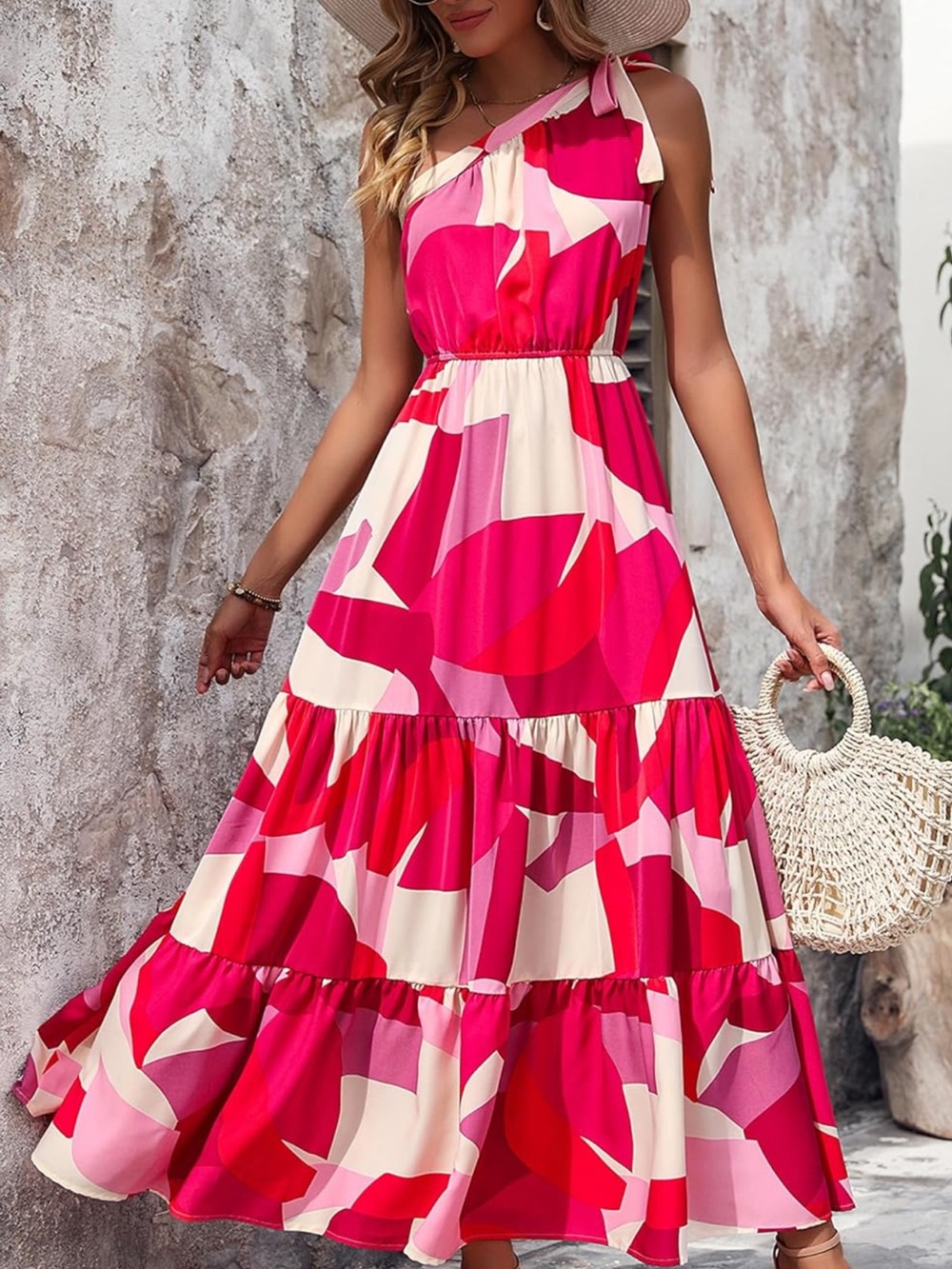 Pretty garden Women’s Pink Patterned One-Shoulder Maxi Dress